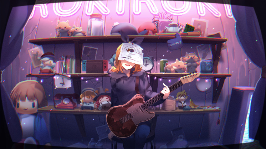 1girl alarm_clock arm_support banana blonde_hair camera character_request chromatic_aberration clock covered_eyes curtains denim doll facing_viewer food fruit guitar head_tilt highres holding holding_instrument hood hood_down hoodie indoors instrument jar jeans kagamine_len kagamine_rin leaning_to_the_side legs_together making-of_available medium_hair nintendo_switch on_chair open_mouth orange_hair pants phone roki_(vocaloid) rotary_phone rubik's_cube shelf shijohane sitting smile string_of_light_bulbs target teapot vocaloid