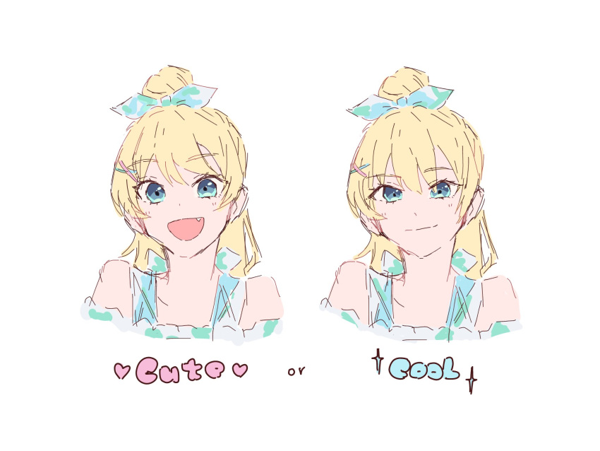 1girl :d blonde_hair blue_bow blue_eyes bow closed_mouth commentary_request comparison cropped_shoulders english_text fang hair_bow hair_bun highres link!_like!_love_live! long_hair looking_at_viewer love_live! multiple_views myuu_(mmyu_ull) natsumeki_pain_(love_live!) off-shoulder_shirt off_shoulder official_alternate_costume official_alternate_hairstyle open_mouth osawa_rurino shirt simple_background single_hair_bun smile smirk swept_bangs virtual_youtuber white_background white_shirt