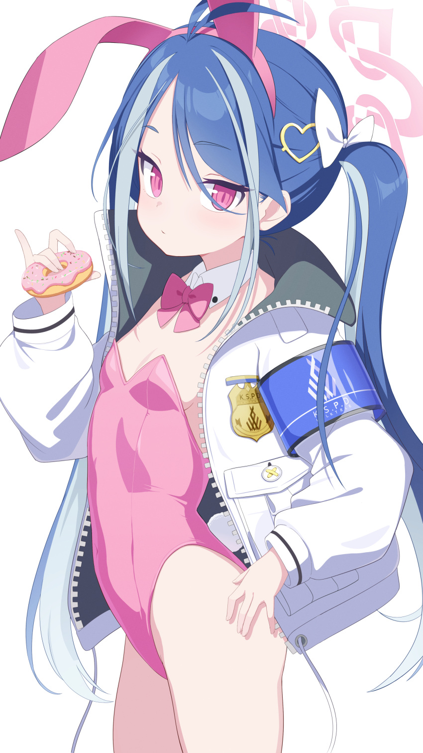 1girl absurdres alternate_costume animal_ears blue_archive blue_hair bow closed_mouth commentary_request cowboy_shot doughnut fake_animal_ears flat_chest food fubuki_(blue_archive) hair_bow hair_ornament halo heart heart_hair_ornament highres holding holding_food jacket leotard light_blue_hair long_hair long_sleeves looking_at_viewer open_clothes open_jacket pink_halo pink_leotard playboy_bunny puffy_long_sleeves puffy_sleeves rabbit_ears red_eyes simple_background solo sonoda_345 strapless strapless_leotard twintails white_background white_bow white_jacket