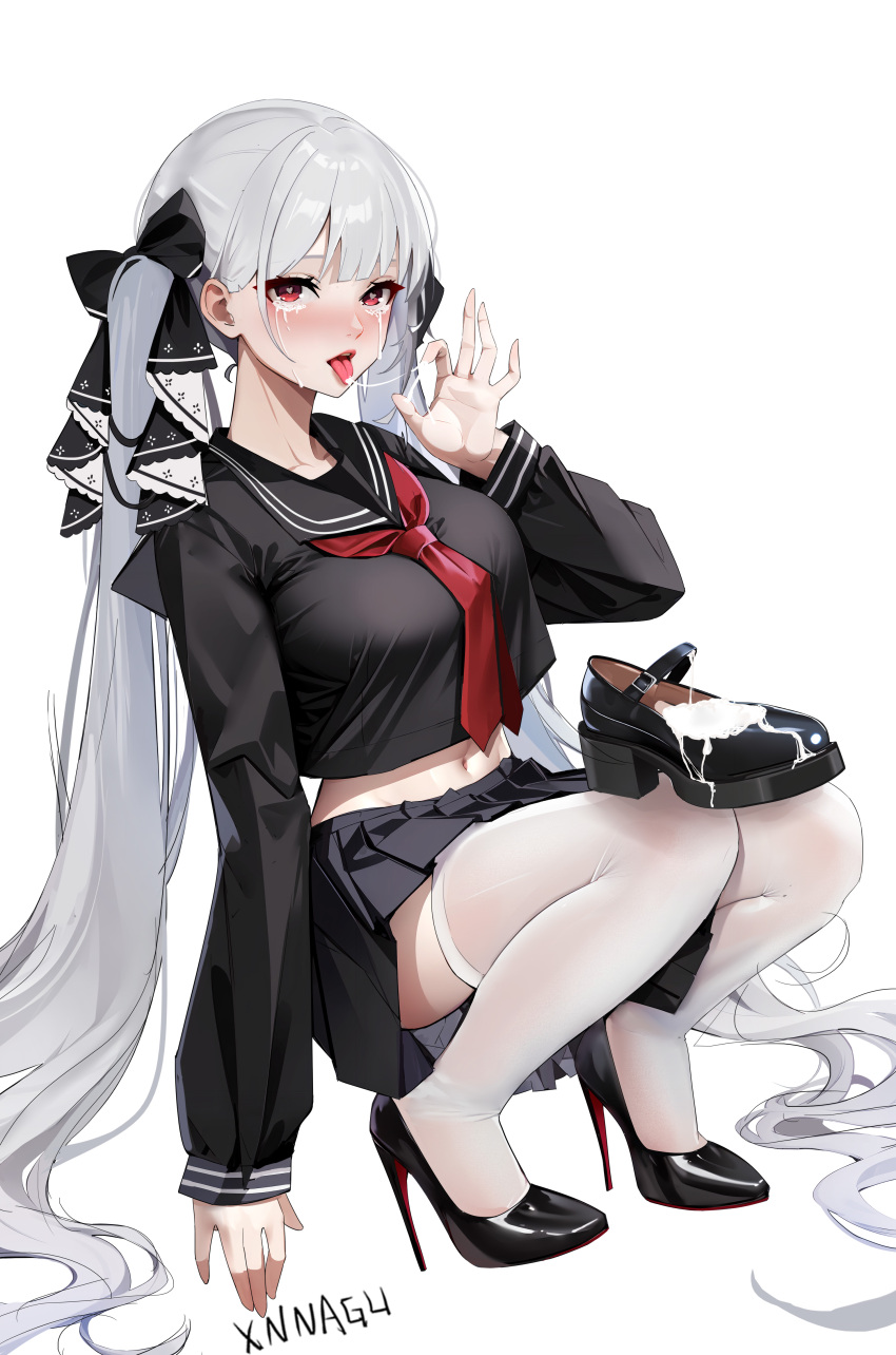 1girl absurdres artist_name azur_lane black_sailor_collar black_serafuku black_skirt breasts cum cum_in_footwear cum_on_hands cum_string fellatio_gesture formidable_(azur_lane) formidable_(the_lover's_heart_flutters_on_duty)_(azur_lane) full_body grey_hair hair_ribbon heart heart-shaped_pupils high_heels highres large_breasts long_hair looking_at_viewer navel navel_peek neckerchief official_alternate_costume red_eyes red_neckerchief ribbon sailor_collar school_uniform serafuku shoes skirt squatting symbol-shaped_pupils tears thighhighs tongue tongue_out twintails two-sided_ribbon two-tone_ribbon unworn_shoes very_long_hair white_background white_thighhighs xnnagu