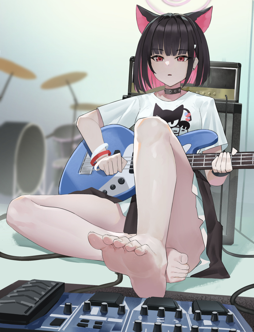 1girl absurdres animal_ears barefoot black_choker black_hair blue_archive cat_ears choker colored_inner_hair dddm electric_guitar extra_ears guitar halo highres indoors instrument kazusa_(band)_(blue_archive) kazusa_(blue_archive) multicolored_hair music official_alternate_costume open_mouth pink_hair pink_halo playing_instrument pleated_skirt red_eyes shirt short_hair short_sleeves skirt soles solo toes white_shirt white_skirt