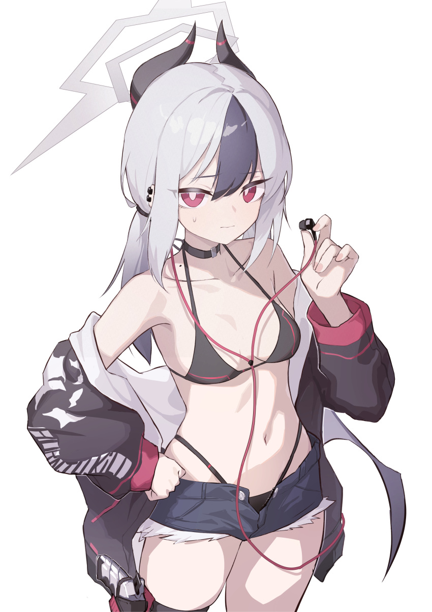 1girl absurdres alternate_costume bikini black_bikini black_choker black_hair black_horns black_jacket black_shorts blue_archive blush breasts choker closed_mouth collarbone cowboy_shot demon_girl demon_horns earphones einheadt grey_hair grey_halo hair_between_eyes halo highres horns jacket kayoko_(blue_archive) long_hair long_sleeves looking_at_viewer medium_breasts multicolored_hair navel off_shoulder open_clothes open_jacket red_eyes short_shorts shorts simple_background solo standing stomach swimsuit white_background