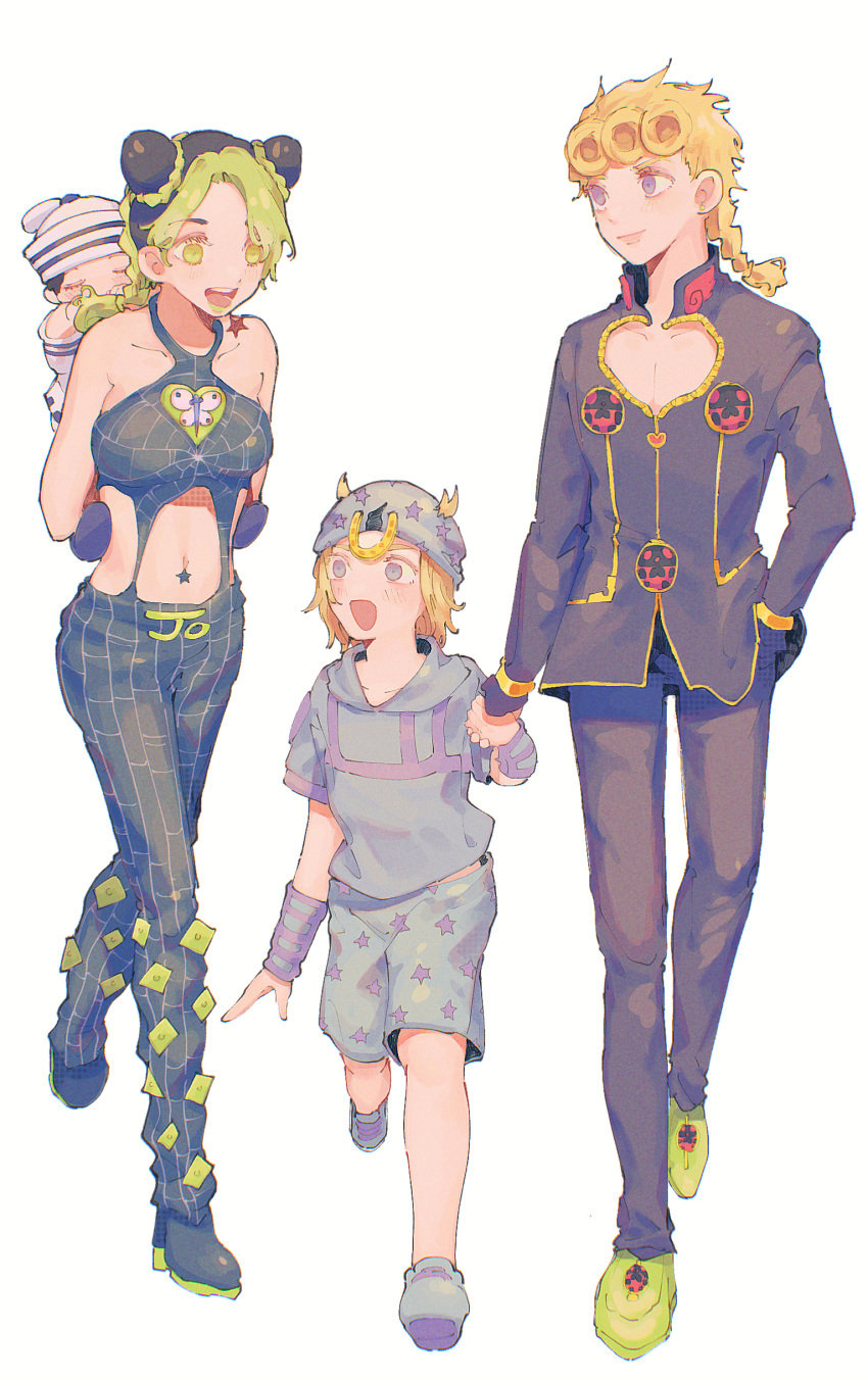 absurdres baby blonde_hair blue_eyes breasts character_request child crop_top double_bun green_eyes hair_bun highres holding_hands inanashil jojo_no_kimyou_na_bouken looking_at_another multicolored_hair navel shorts simple_background smile standing