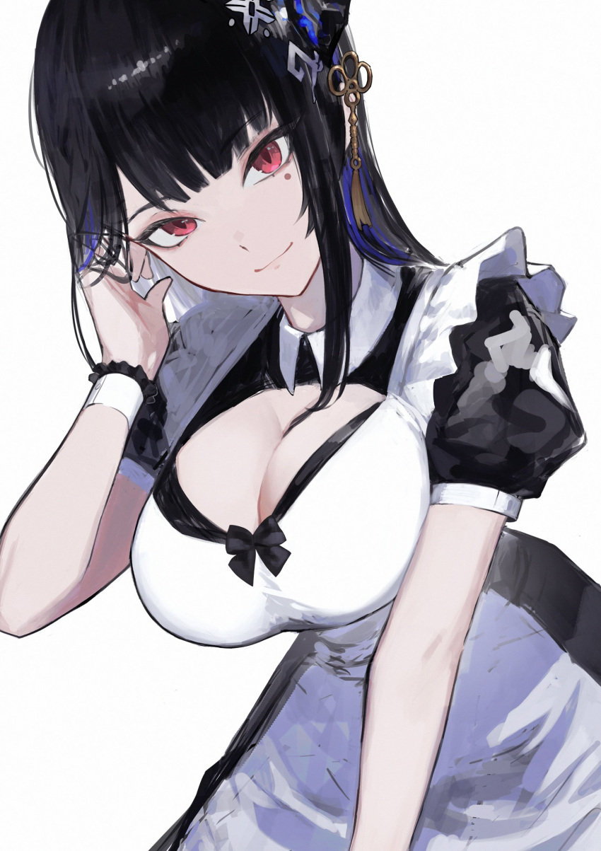 1girl absurdres apron bent_over black_dress black_hair blue_hair breasts cleavage dress highres hololive hololive_english horns large_breasts long_hair maid mole mole_under_eye nerissa_ravencroft red_eyes reon_(98109reon) simple_background solo virtual_youtuber white_apron white_background