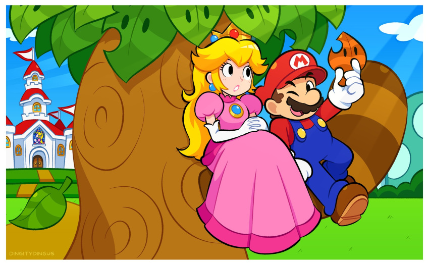1boy 1girl blonde_hair blue_overalls blue_sky boots border brooch brown_footwear brown_hair cloud crown day dress earrings elbow_gloves facial_hair gloves grass hat highres jewelry leaf long_hair mario mario_(series) mustache one_eye_closed open_mouth outdoors outside_border overalls pink_dress princess_peach princess_peach's_castle puffy_short_sleeves puffy_sleeves red_hat red_shirt shirt short_hair short_sleeves sitting sky sphere_earrings super_leaf super_mario_3d_land tail_tree tree vinny_(dingitydingus) white_border white_gloves