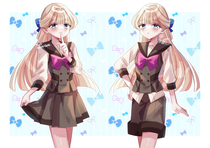 2girls artist_name blonde_hair blouse blue_bow blue_eyes bow bowtie brown_sailor_collar brown_shirt brown_shorts brown_skirt brown_vest closed_mouth commentary doroshii dual_persona finger_to_mouth hair_bow half_updo hand_on_own_hip long_hair long_sleeves miniskirt multiple_girls nekoyashiki_yuki parted_lips pink_bow pink_bowtie pleated_skirt precure sailor_collar school_uniform second_wangan_school_uniform serafuku shirt shorts shushing signature skirt skirt_hold smile standing twitter_username vest white_shirt wonderful_precure!