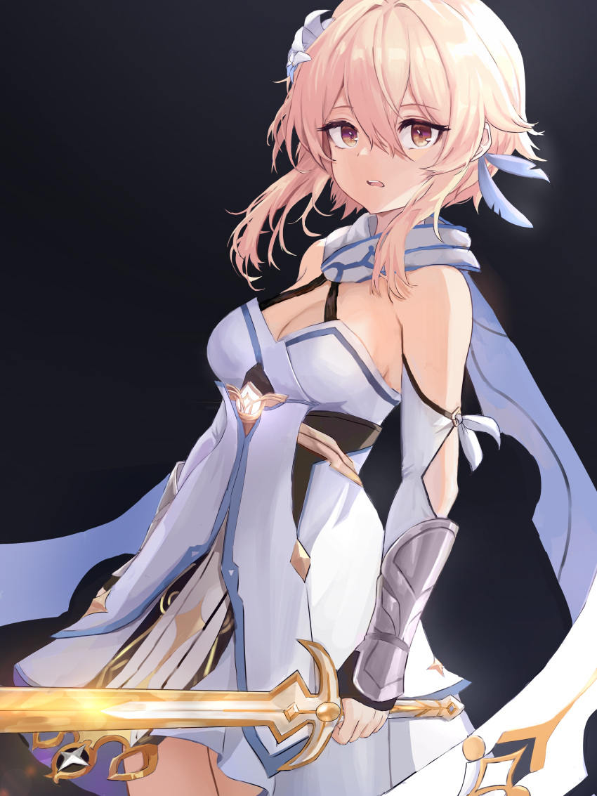 1girl absurdres black_background blonde_hair dress genshin_impact highres holding holding_sword holding_weapon looking_at_viewer lumine_(genshin_impact) min-tami simple_background solo sword thighs weapon white_dress yellow_eyes