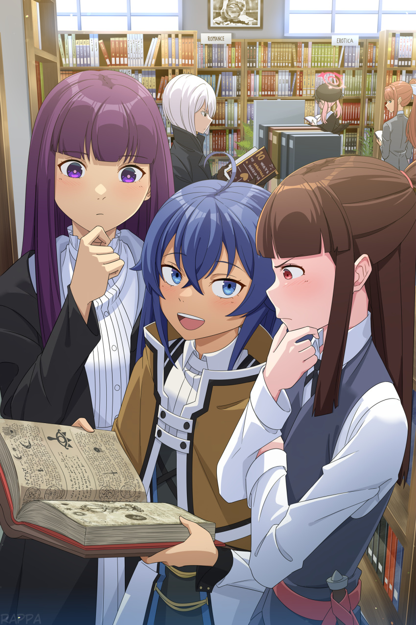 6+girls :d beret black_coat black_serafuku black_wings blue_archive blue_eyes blue_hair blunt_bangs book bookshelf bow brown_cape brown_hair cape coat commentary crossed_bangs crossover doki_doki_literature_club dress english_commentary feathered_wings fern_(sousou_no_frieren) fiona_frost green_eyes grey_jacket grimoire hair_between_eyes halo hand_on_own_chin hat head_wings highres holding holding_book indoors jacket kagari_atsuko koharu_(blue_archive) library little_witch_academia long_hair long_sleeves looking_at_another looking_back luna_nova_school_uniform monika_(doki_doki_literature_club) multiple_crossover multiple_girls mushoku_tensei open_book open_clothes open_coat pink_halo pink_skirt pleated_skirt ponytail purple_eyes purple_hair rappa reading red_eyes ribbon roxy_migurdia school_hat school_uniform serafuku shirt sidelocks skirt sleeve_cuffs smile sousou_no_frieren spy_x_family twintails v-shaped_eyebrows wand white_bow white_dress white_ribbon white_shirt winged_hat wings witch