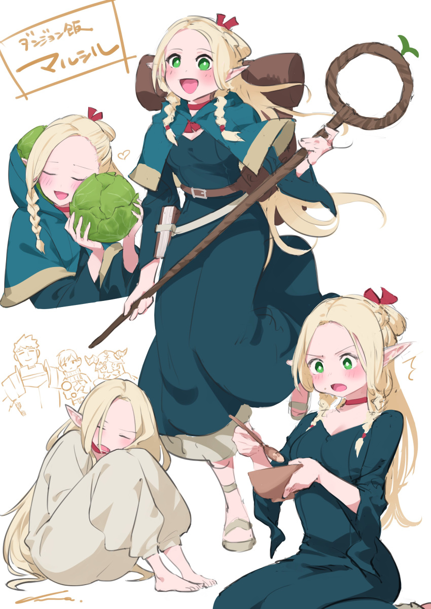 1girl 3boys :d absurdres blonde_hair blue_capelet blush bowl bright_pupils cabbage capelet character_name cheek_bulge chilchuck_tims choker closed_eyes dress dungeon_meshi eating elf food green_eyes highres holding holding_staff hood hooded_capelet laios_touden long_hair marcille_donato multiple_boys nemoto_yuuma open_mouth parted_hair pointy_ears red_choker senshi_(dungeon_meshi) sitting smile solo_focus spoon staff standing standing_on_one_leg white_pupils