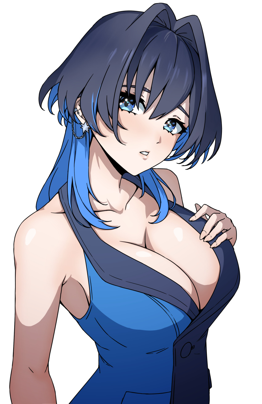 1girl absurdres adapted_costume blue_eyes blue_hair breasts cleavage colored_inner_hair daydarion hair_between_eyes hair_intakes head_tilt highres hololive hololive_english looking_at_viewer multicolored_hair official_alternate_costume ouro_kronii ouro_kronii_(4th_costume) parted_lips solo upper_body virtual_youtuber