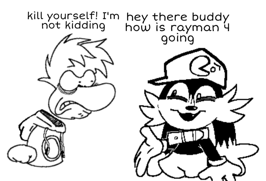 angry clothed clothing collar crossover dialogue digital_media_(artwork) domestic_cat duo english_text felid feline felis floating_hands floating_head frown fur gloves hair handwear hat headgear headwear heftypillow hoodie klonoa klonoa_(series) long_ears male mammal monochrome rayman rayman_(series) raypeople_(rayman) simple_background text topwear ubisoft video_games