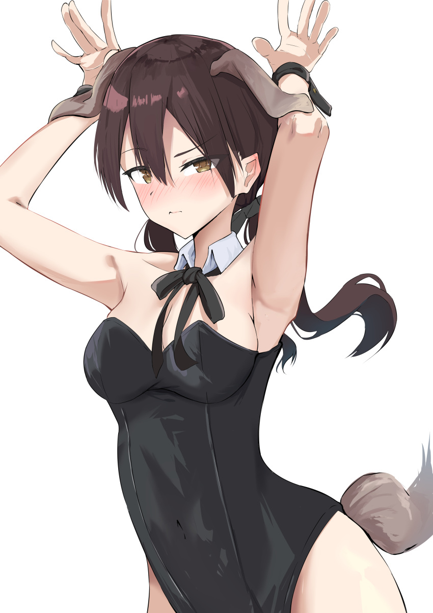 1girl 8sjqzhap4pupzkc absurdres arms_up brown_eyes brown_hair dog_girl dog_tail gertrud_barkhorn highres playboy_bunny ribbon simple_background strike_witches tail white_background world_witches_series wrist_cuffs