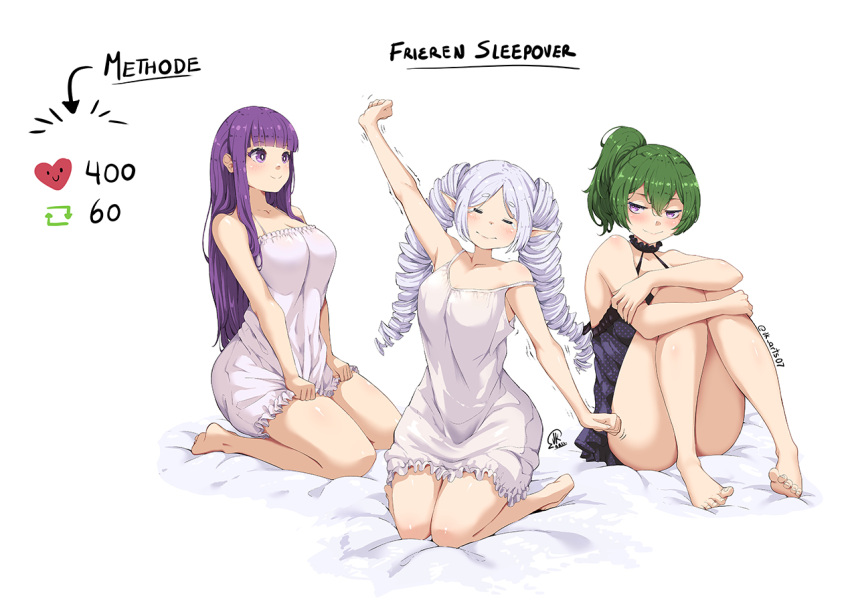 3girls barefoot bed black_nightgown breasts closed_eyes elf fern_(sousou_no_frieren) frieren green_hair jk_arts large_breasts long_hair medium_hair multiple_girls nightgown pointy_ears purple_eyes purple_hair sleepwear smile sousou_no_frieren stretching twintails white_hair