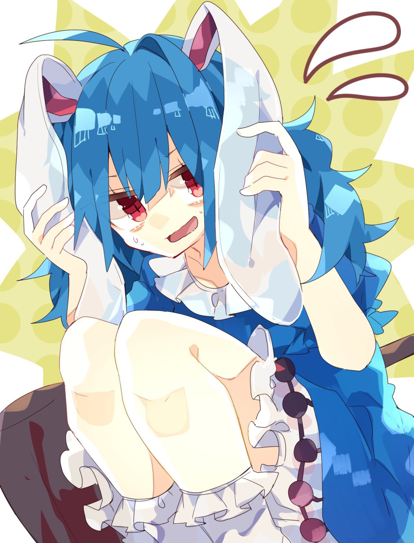 1girl ahoge animal_ears bangs blue_dress blue_hair bobby_socks commentary dress feet_out_of_frame flying_sweatdrops frilled_dress frills highres holding_ears kine knees_up long_hair looking_at_viewer mallet messy_hair nikorashi-ka open_mouth puffy_short_sleeves puffy_sleeves rabbit_ears red_eyes seiran_(touhou) short_sleeves shy socks solo sweatdrop touhou wavy_mouth white_socks