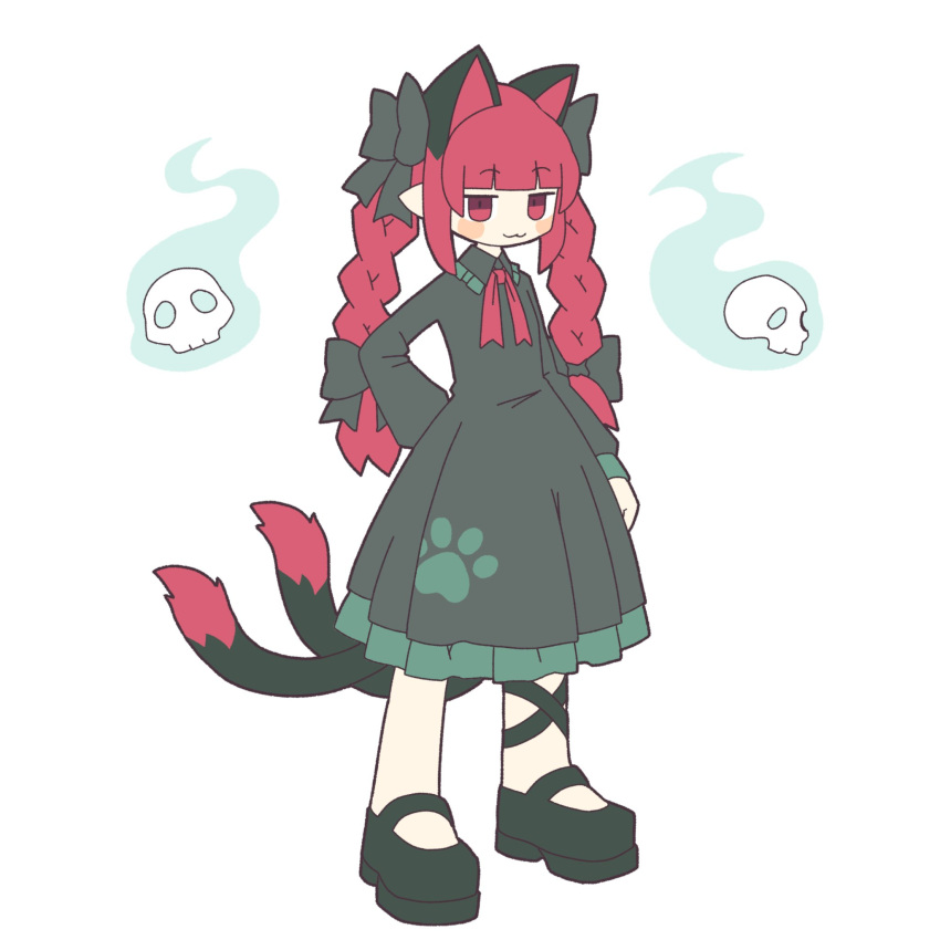 1girl :3 acid_burritos animal_ears black_bow black_dress black_footwear bow braid cat_ears cat_girl cat_tail closed_mouth commentary dress english_commentary extra_ears full_body hair_bow highres hitodama kaenbyou_rin long_hair long_sleeves looking_at_viewer multiple_tails red_eyes red_hair side_braids simple_background skull solo standing tail touhou twin_braids two_tails white_background