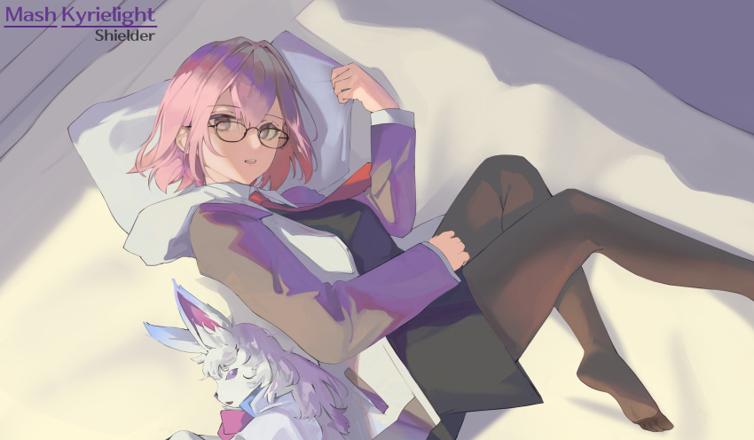 1girl absurdres bed black-framed_eyewear black_dress black_pantyhose cat.106 chaldea_uniform dress fate/grand_order fate_(series) glasses grey_sleeves hair_over_one_eye highres jacket looking_at_viewer lying mash_kyrielight necktie on_side open_clothes open_jacket open_mouth pantyhose parted_lips pillow purple_eyes purple_hair short_hair solo