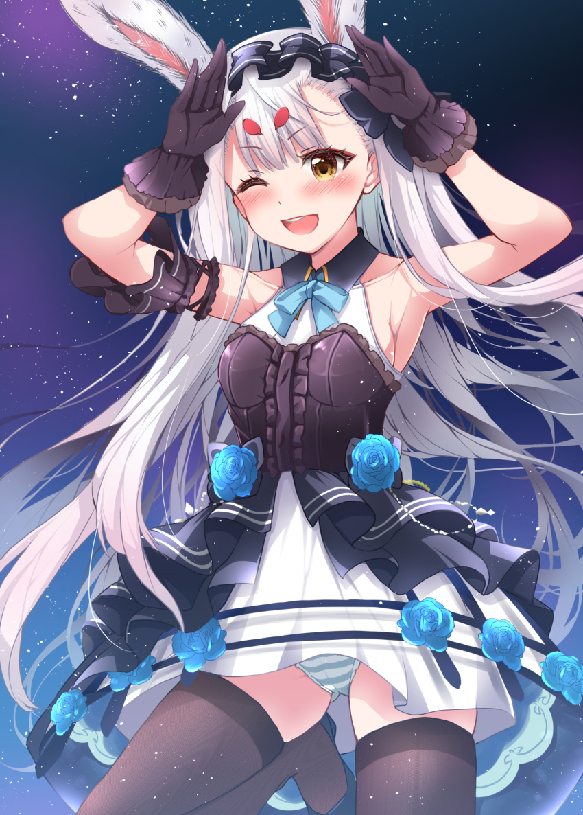 1girl animal_ears armpits arms_up ass_visible_through_thighs azur_lane black_dress black_gloves black_thighhighs blush brown_eyes bunny_pose dress gloves grey_hair hairband highres leg_up lolita_hairband long_hair mikuchi3939 one_eye_closed open_mouth panties pantyshot rabbit_ears rabbit_girl shimakaze_(azur_lane) short_dress sleeveless sleeveless_dress smile solo standing standing_on_one_leg striped striped_panties thighhighs thighs two-tone_dress underwear very_long_hair white_dress