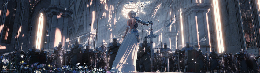 1girl arch architecture armor artist_name commentary_request dress flower from_behind full_armor gauntlets grey_hair hair_bun helmet highres indoors knight long_skirt original planted planted_sword scar scenery shoulder_armor skirt standing sword weapon white_dress wide_shot window wlop