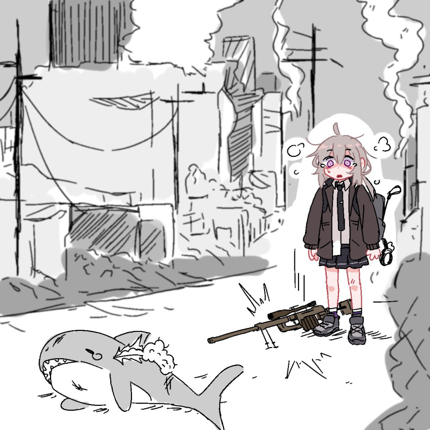 1girl backpack bag black_jacket black_necktie black_skirt character_request commentary damaged english_commentary full_body girls'_frontline grey_bag gun highres ikea_shark jacket light_brown_hair looking_at_object medium_hair miniskirt necktie outdoors pink_eyes pleated_skirt rifle sad shirt shoes skirt smart_oval sneakers solo standing stuffed_animal stuffed_shark stuffed_toy surprised utility_pole weapon white_shirt