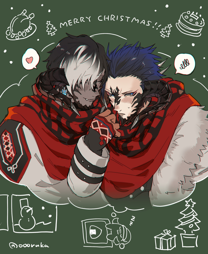 2boys artist_name au_ra black_hair black_horns blush christmas closed_mouth colored_tips commentary_request dark-skinned_male dark_skin earrings facing_another fang fang_out final_fantasy final_fantasy_xiv fur_trim gloves green_background grey_hair hand_up heart highres horns jewelry karuo_(oooruka_cr) long_sleeves low_horns male_focus merry_christmas multicolored_hair multiple_boys scribble smile speech_bubble spoken_heart thought_bubble twitter_username upper_body warrior_of_light_(ff14) winter_clothes yaoi