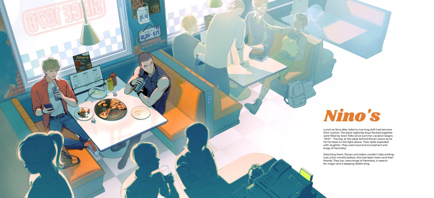 1girl 4boys adam_parrish back_tattoo black_hair black_wristband blonde_hair blue_eyes blue_sargent brown_hair buzz_cut catbishonen day diner english_text food from_above full_body ghost glasses highres holding holding_phone indoors laughing multiple_boys noah_czerny phone pizza richard_gansey_iii ronan_lynch short_hair sleeveless sleeveless_jacket smile tattoo the_raven_cycle toned toned_male very_short_hair