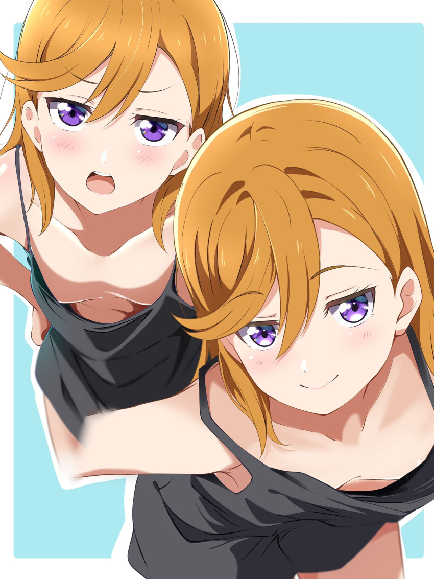 1girl bare_arms black_camisole borgbutler breasts camisole closed_mouth collarbone highres leaning_forward love_live! love_live!_superstar!! medium_hair multiple_views no_bra open_mouth orange_hair parted_bangs purple_eyes shibuya_kanon simple_background small_breasts solo