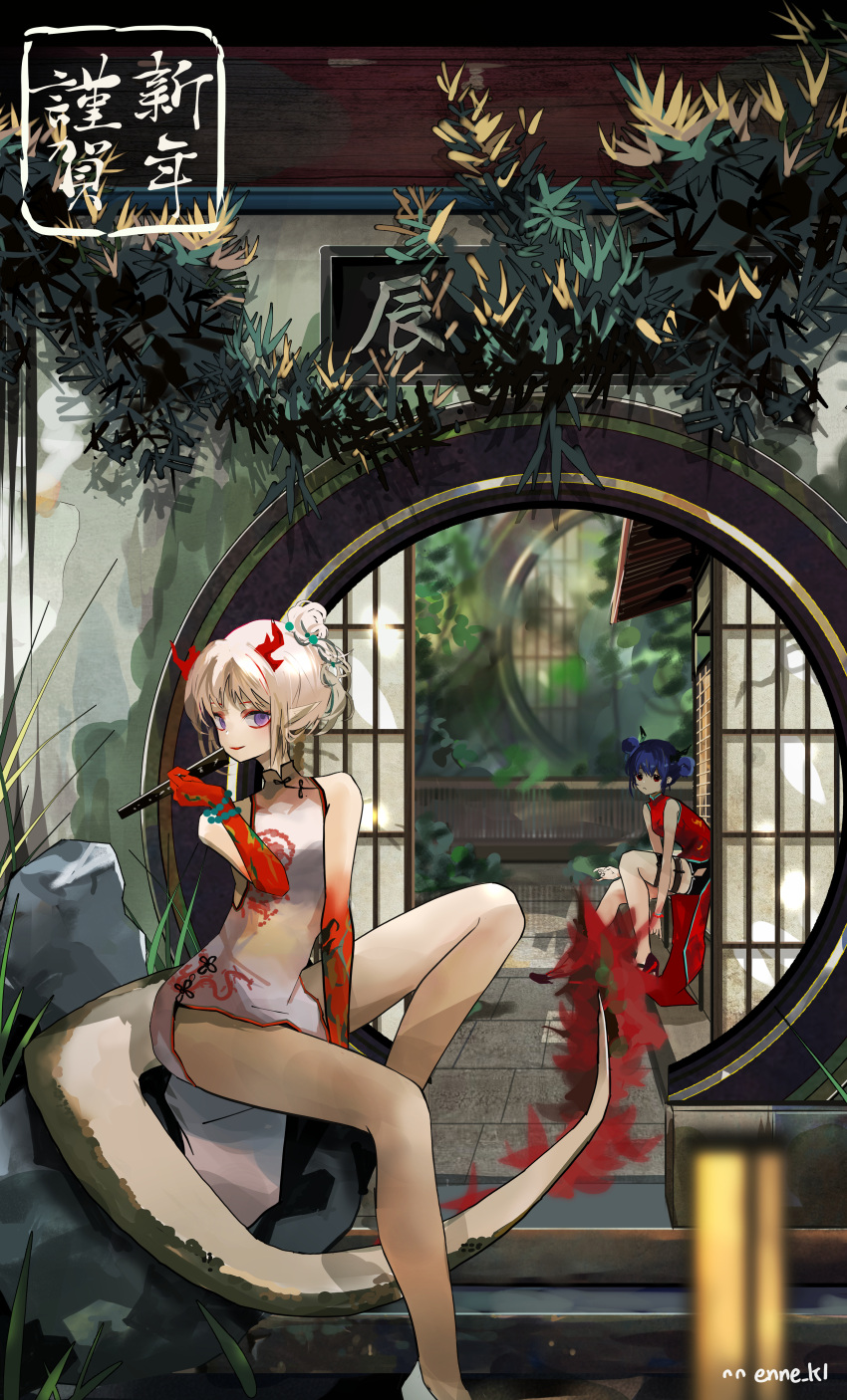2girls :&lt; absurdres arknights artist_name bare_shoulders beads black_horns black_shorts blue_hair breasts ch'en_(ageless_afterglow)_(arknights) ch'en_(arknights) china_dress chinese_clothes clothing_cutout colored_skin dot_nose double_bun dragon_girl dragon_horns dragon_tail dress enne_kl eyeliner flame-tipped_tail folded_fan folding_fan full_body gradient_skin hair_bun hand_fan highres holding holding_fan horns legs looking_to_the_side makeup medium_hair multiple_girls new_year nian_(arknights) nian_(unfettered_freedom)_(arknights) official_alternate_costume outdoors pointy_ears purple_eyes red_dress red_eyeliner red_eyes red_skin scenery shorts shorts_under_dress shouji sign sitting sleeveless sleeveless_dress sliding_doors small_breasts tail thigh_strap vegetation white_hair