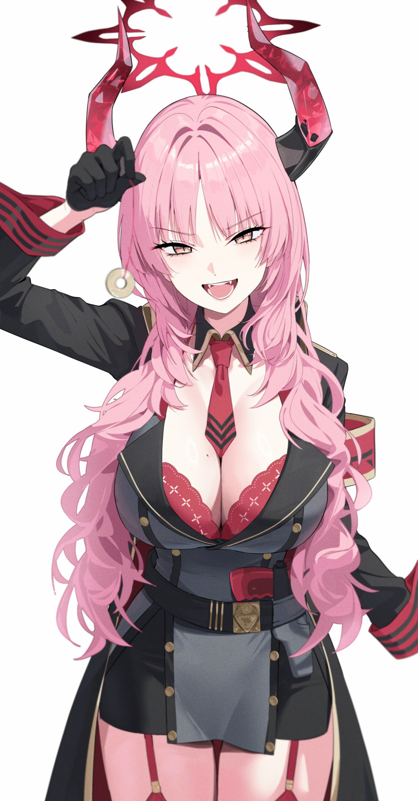 1girl absurdres black_coat black_gloves blue_archive blush bra breasts cleavage coat coin cowboy_shot demon_horns detached_collar gloves halo highres horns large_breasts long_hair long_sleeves looking_at_viewer mole mole_on_breast necktie open_mouth pink_hair red_bra red_halo red_horns red_necktie satsuki_(blue_archive) simple_background smile solo tem_(tempainting1) underwear white_background yellow_eyes