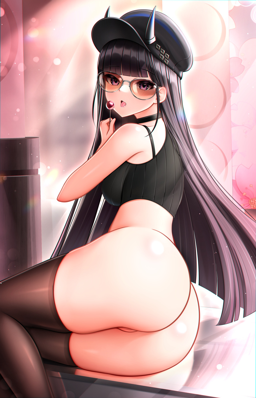 1girl :p absurdres arm_support ass azur_lane black_choker black_hair black_shirt blush bottomless breasts choker crop_top demon_girl demon_horns from_side half-closed_eyes hand_up hat highres horns horns_through_headwear itacho_(itasha_draws) long_hair looking_at_viewer looking_back lying medium_breasts noshiro_(azur_lane) noshiro_(dressed-up_date)_(azur_lane) on_side oni purple_eyes pussy shirt skindentation solo sunglasses thighhighs thighs tongue tongue_out very_long_hair