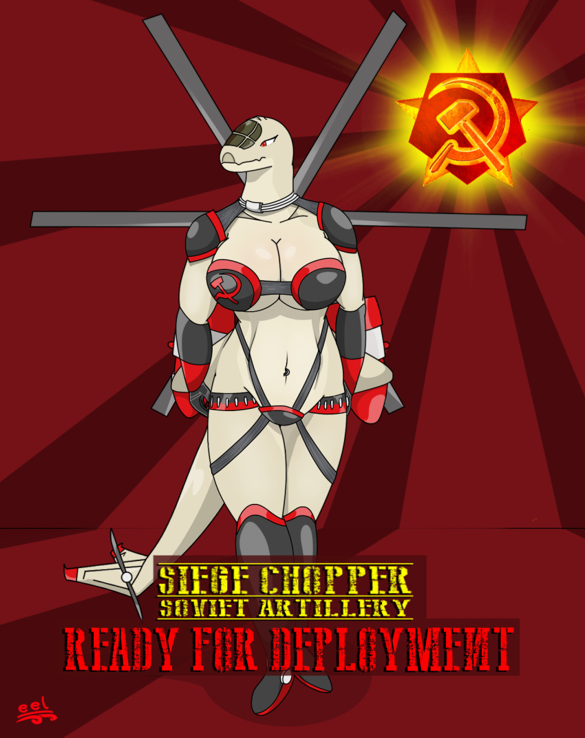 2021 aircraft aircraft_humanoid anthro armor blades boots bracers breastplate breasts clothing collar command_and_conquer crotch_plate digital_drawing_(artwork) digital_media_(artwork) eel_(artist) engine english_text female footwear helicopter hi_res leather_straps living_aircraft living_machine living_vehicle logo machine navel navel_piercing not_furry piercing pupils red_alert_(series) red_eyes russian shoulder_pads simple_background solo soviet_union standing straps text thick_thighs unconvincing_armor vehicle yuri's_revenge