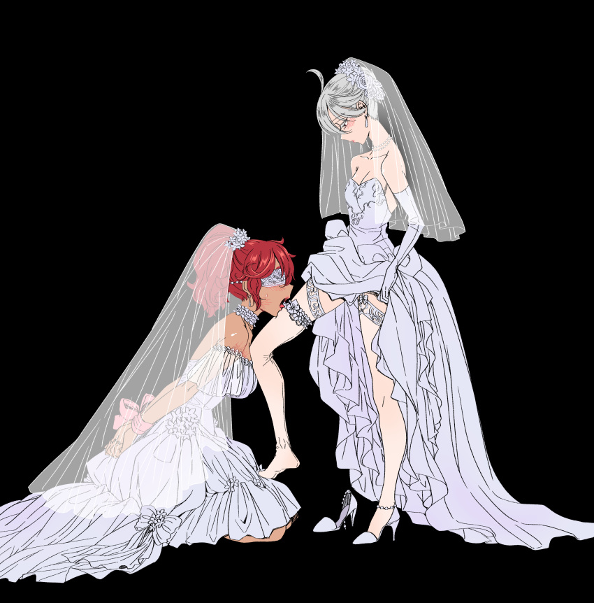 2girls absurdres arms_behind_back black_background blindfold blush bound bound_wrists breasts clothes_lift commentary_request dress dress_lift grey_hair gundam gundam_suisei_no_majo highres lifted_by_self michiruuuu831 miorine_rembran multiple_girls open_mouth red_hair simple_background suletta_mercury tongue tongue_out wedding_dress yuri