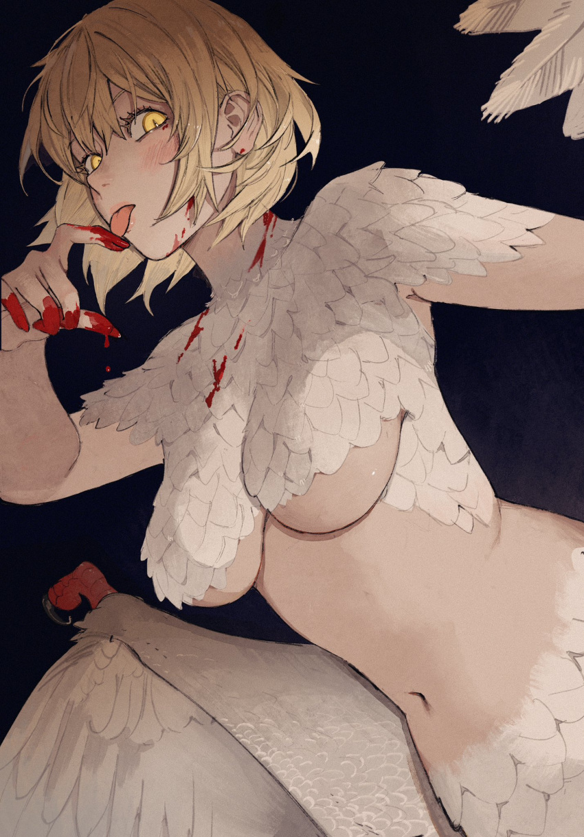 1girl blonde_hair blood blood_on_chest blood_on_face blood_on_hands blue_background breasts cowboy_shot dripping dungeon_meshi falin_touden falin_touden_(chimera) feathered_wings feathers from_side giganticbuddha glowing glowing_eyes highres licking licking_finger licking_own_finger looking_at_viewer monster_girl navel short_hair simple_background slit_pupils solo tongue tongue_out underboob wings yellow_eyes