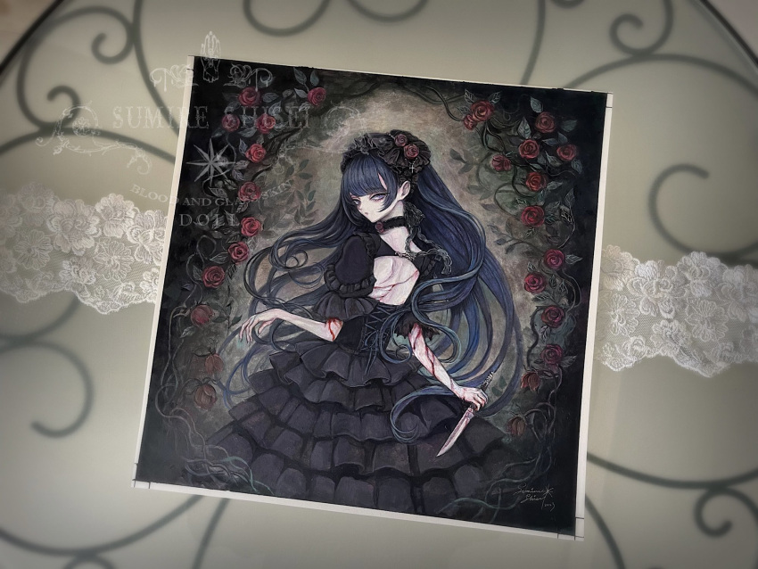 1girl acrylic_paint_(medium) back back_cutout black_choker black_dress bleeding blood blue_eyes blue_hair bonnet choker clothing_cutout commentary_request cuts dress flower gothic_lolita highres holding holding_knife injury knife lolita_fashion long_hair looking_at_viewer looking_back original painting_(medium) pale_skin photo_(medium) plant red_flower red_rose rose shoulder_blades solo sumire_shisei traditional_media very_long_hair vines