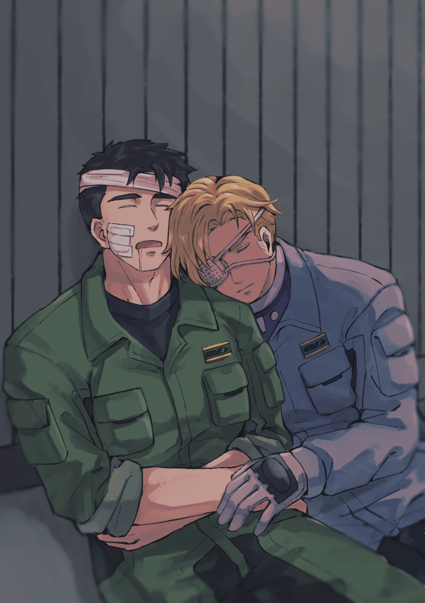 2boys ao_isami bandaged_head bandages bandaid bandaid_on_face black_hair blonde_hair blue_jumpsuit dmp221190800 drooling eyepatch facial_hair feet_out_of_frame gloves green_jumpsuit hand_on_another's_arm highres jumpsuit lewis_smith male_focus medical_eyepatch multiple_boys open_mouth pocket short_hair sideburns_stubble sitting sleeping stubble yaoi yuuki_bakuhatsu_bang_bravern