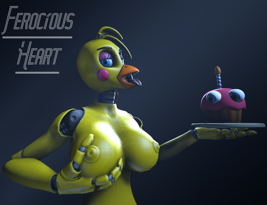 3d_(artwork) animatronic anthro avian beak big_breasts bird breasts chica_(fnaf) chicken digital_media_(artwork) female ferocious_heart five_nights_at_freddy's five_nights_at_freddy's_2 galliform gallus_(genus) looking_at_viewer machine nipples nude open_mouth phasianid robot scottgames simple_background solo solo_focus tongue tongue_out toy_chica_(fnaf) yellow_body