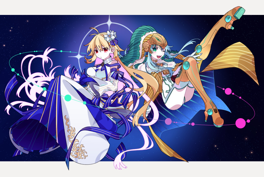 2girls absurdres antenna_hair archetype_earth arcueid_brunestud armored_boots aztec bare_shoulders blonde_hair blue_hair boots breasts cape cleavage colored_inner_hair detached_pants detached_sleeves dress fate/grand_order fate_(series) floating floating_cape floating_hair flower fur-trimmed_cape fur_trim gloves gold_cape gold_footwear gold_headwear gold_helmet green_eyes green_hair helmet highres kujiramaru kukulkan_(fate) kukulkan_(third_ascension)_(fate) large_breasts leg_armor leg_up long_hair long_skirt looking_at_viewer multicolored_clothes multicolored_hair multicolored_skirt multiple_girls one_eye_closed pink_hair princess_outfit red_eyes shrug_(clothing) sidelocks simple_background single_hair_intake skirt smile space strapless strapless_dress thighhighs thighhighs_under_boots tsukihime very_long_hair white_background white_dress