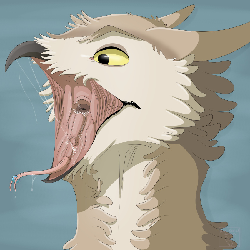 absurd_res ambiguous_gender anthro avian beak bird bodily_fluids dripping feathers forked_tongue hi_res long_tongue mouth_shot open_mouth owl piercing rose-colored_chimera saliva saliva_drip saliva_on_tongue saliva_string salivating solo tan_body tan_feathers throat tongue tongue_out vore