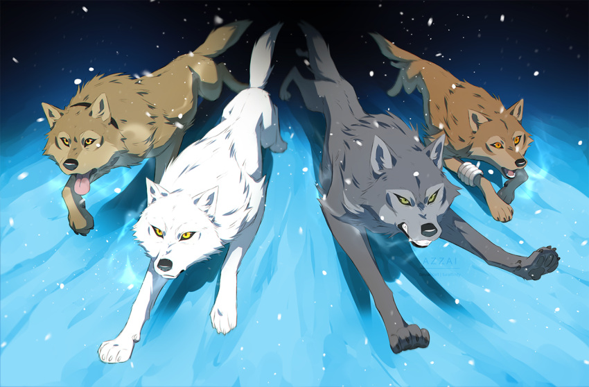 2023 ambiguous_gender azzai black_nose bracelet canid canine canis cel_shading claws collar countershading digital_drawing_(artwork) digital_media_(artwork) feet feral fluffy fur grey_body grey_fur group hige_(wolf's_rain) jewelry kiba_(wolf's_rain) male_(lore) mammal open_mouth orange_eyes outside pawpads paws pupils quadruped running shaded slit_pupils snow snowing tail tan_body tan_fur teeth toboe_(wolf's_rain) tongue tongue_out tsume_(wolf's_rain) watermark white_body white_fur wolf wolf's_rain yellow_eyes