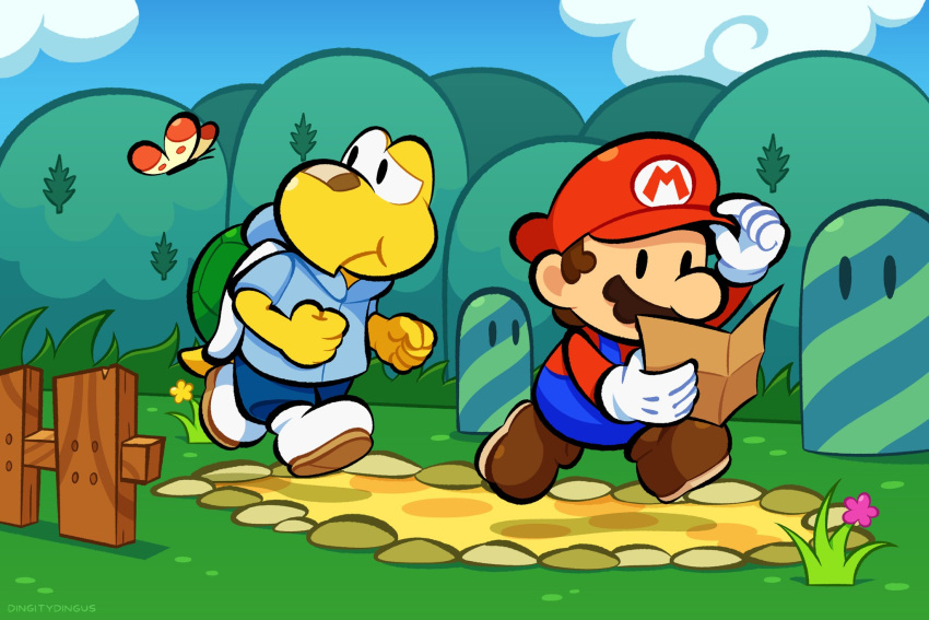 2boys blue_overalls blue_pants blue_shirt blue_sky boots brown_footwear brown_hair bug butterfly clenched_hands cloud collared_shirt colored_skin day facial_hair fence flower gloves grass hand_on_headwear hat highres holding holding_paper koopa_troopa koops mario mario_(series) multiple_boys mustache outdoors overalls pants paper paper_mario paper_mario:_the_thousand_year_door pink_flower red_hat red_shirt shirt short_hair sky tail turtle_shell vinny_(dingitydingus) white_footwear white_gloves wooden_fence yellow_skin