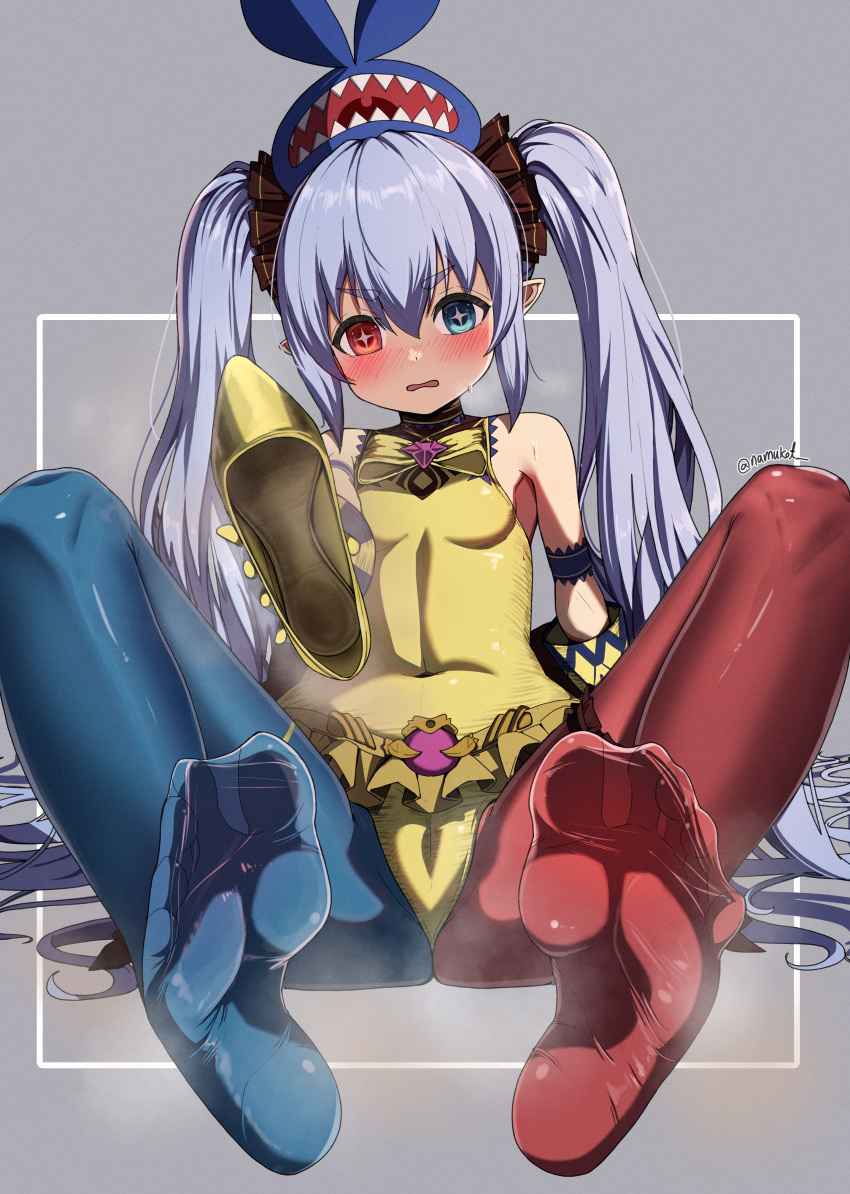 1girl absurdres armband blue_eyes blue_thighhighs blush breasts brown_dust brown_dust_2 cameltoe commission covered_navel dress elf embarrassed feet foot_focus full_body gloves grey_background grey_hair hair_between_eyes heterochromia highres holding holding_clothes holding_footwear knees_up long_hair looking_at_viewer namukot open_mouth pixiv_commission pointy_ears presenting_foot red_eyes red_thighhighs refithea_(brown_dust) signature simple_background sitting sleeveless sleeveless_dress small_breasts smell soles solo spread_legs star-shaped_pupils star_(symbol) steaming_body symbol-shaped_pupils thighhighs toes twing_glutti twintails two-tone_thighhighs very_long_hair wavy_mouth yellow_dress yellow_gloves