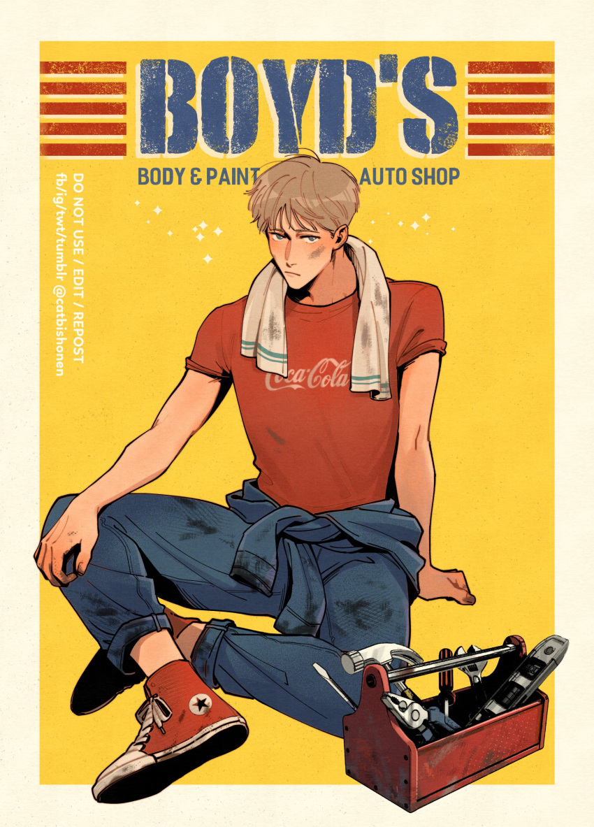 1boy absurdres adam_parrish blonde_hair blue_eyes blue_jumpsuit catbishonen coca-cola converse dirty dirty_clothes dirty_face dirty_hands english_text full_body highres jumpsuit jumpsuit_around_waist looking_at_viewer male_focus on_floor red_shirt shirt short_hair sitting solo toolbox towel towel_around_neck