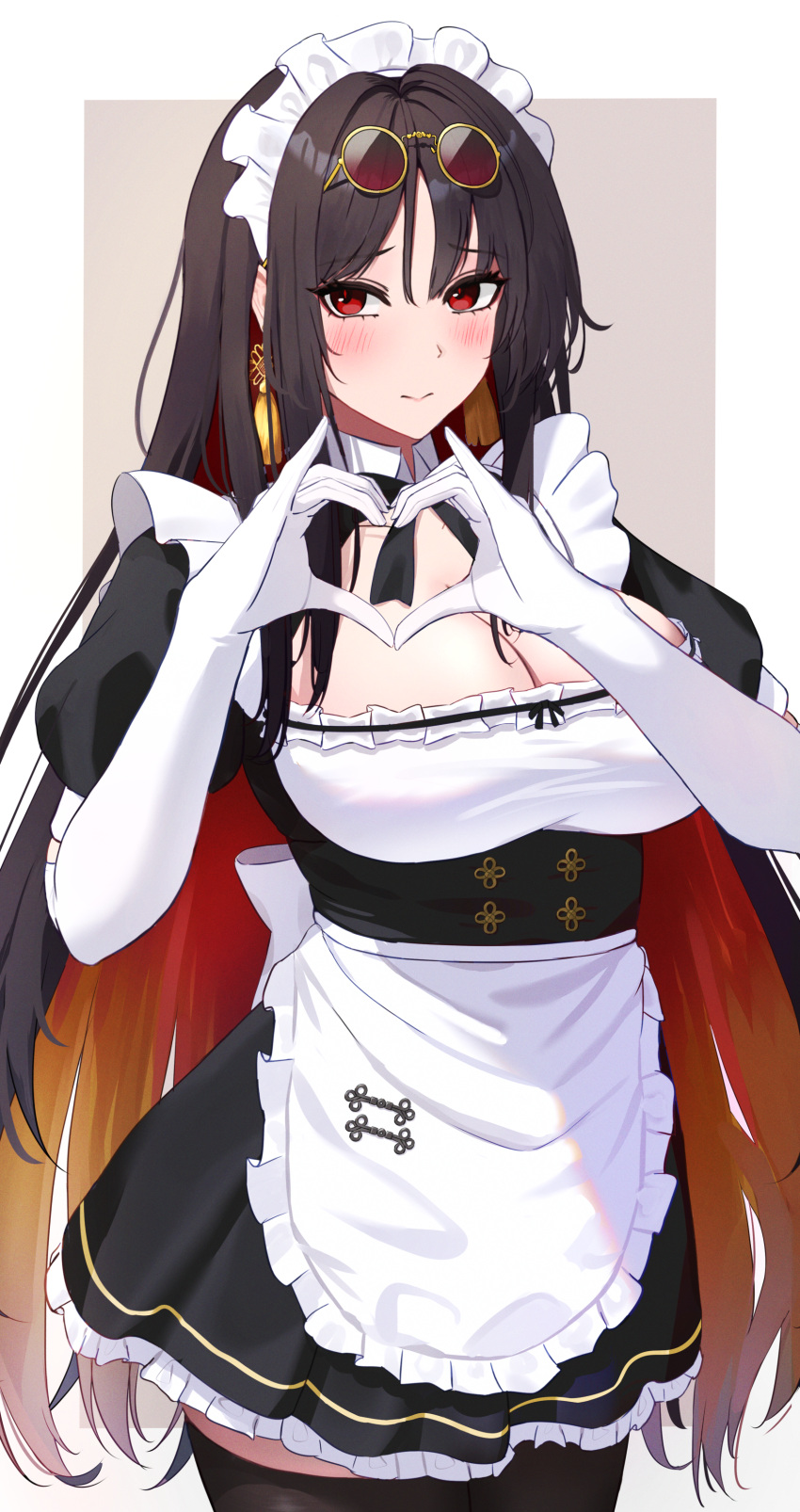 1girl absurdres alternate_costume apron black_dress black_hair black_thighhighs breasts cleavage closed_mouth commentary_request dress earrings elbow_gloves eyewear_on_head gloves goddess_of_victory:_nikke hair_intakes heart heart_hands highres jewelry large_breasts looking_at_viewer maid maid_apron maid_headdress moran_(nikke) multicolored_hair orange_hair red_eyes red_hair round_eyewear solo standing sunglasses thighhighs umbsy_gi white_apron white_gloves