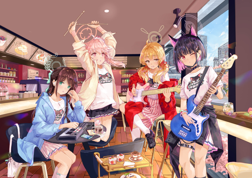 4girls after-school_sweets_club_(blue_archive) ahoge airi_(band)_(blue_archive) airi_(blue_archive) animal_ears black_choker black_footwear black_hair black_jacket black_mask blonde_hair blue_archive blue_jacket cat_ears choker clothes_around_waist colored_inner_hair commentary_request electric_guitar extra_ears forest_0 green_eyes green_halo guitar hair_ornament hairclip halo highres holding holding_instrument instrument jacket jacket_around_waist kazusa_(band)_(blue_archive) kazusa_(blue_archive) keyboard_(instrument) long_hair long_sleeves low_twintails mask mask_pull mouth_mask multicolored_hair multiple_girls music natsu_(band)_(blue_archive) natsu_(blue_archive) official_alternate_costume one_eye_closed open_clothes open_jacket pink_hair pink_halo pink_skirt playing_instrument pleated_skirt red_eyes red_jacket shirt shoes short_hair short_sleeves skirt socks twintails white_shirt white_skirt white_socks yellow_eyes yellow_halo yellow_jacket yoshimi_(band)_(blue_archive) yoshimi_(blue_archive)