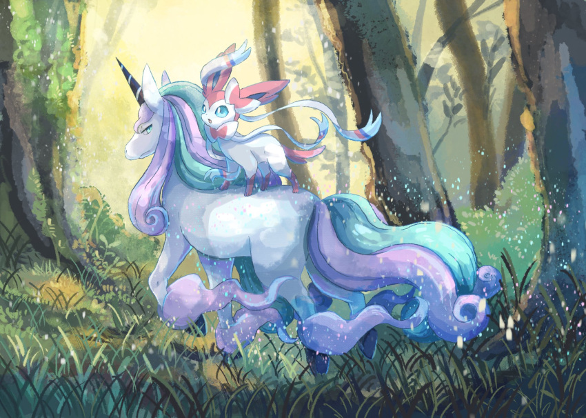 :o aqua_hair blue_eyes bright_pupils bush closed_mouth commentary day forest galarian_rapidash grass highres looking_at_viewer looking_back moss multicolored_hair nature no_humans open_mouth outdoors pink_hair plant pokemon pokemon_(creature) pokemon_on_back purple_hair sideways_glance sylveon symbol-only_commentary tree unicorn volpecorvo white_pupils
