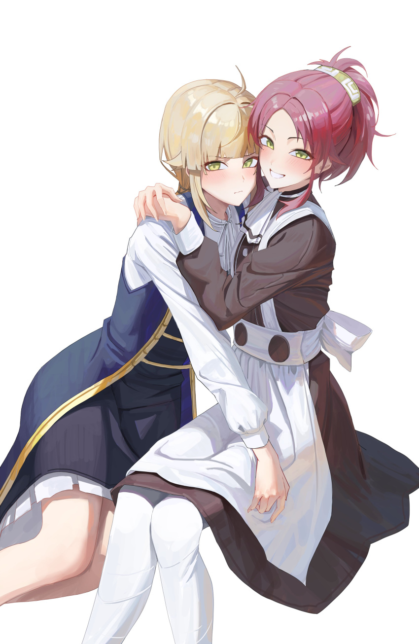 2girls absurdres ahoge aisha_greyrat apron arms_around_neck black_dress blonde_hair blue_jacket blush closed_mouth dress feet_out_of_frame flat_chest green_eyes hair_between_eyes hairband hands_on_another's_shoulders highres hug jacket looking_at_viewer maid maid_apron multiple_girls mushoku_tensei norn_greyrat open_mouth rasipan red_hair shirt short_hair short_ponytail siblings simple_background sisters sleeveless sleeveless_jacket smile thighhighs wavy_mouth white_apron white_background white_shirt white_thighhighs