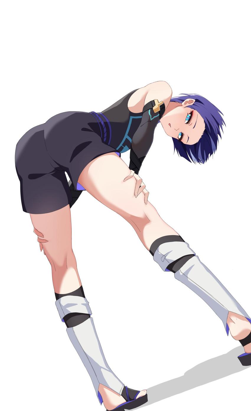 1boy absurdres aqua_eyes armor ass bare_shoulders belt bent_over bike_shorts black_gloves black_shorts chobonu elbow_gloves eyeliner eyeshadow full_body genshin_impact gloves hands_on_own_legs highres japanese_armor kote kurokote legs looking_at_viewer makeup male_focus open_mouth purple_belt purple_hair red_eyeliner red_eyeshadow sandals scaramouche_(genshin_impact) short_hair shorts simple_background skin_tight solo wanderer_(genshin_impact) white_background