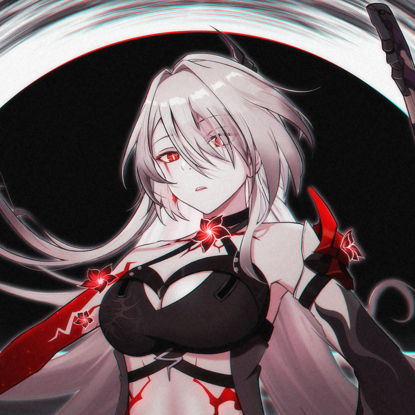 0kuroshii 1girl acheron_(honkai:_star_rail) armor black_choker black_coat black_hole blood blood_from_eyes body_markings breasts bright_pupils choker chromatic_aberration cleavage coat colored_extremities commentary_request criss-cross_halter crop_top detached_sleeves earrings english_commentary eyes_visible_through_hair flower hair_intakes hair_ornament hair_over_one_eye halterneck highres honkai:_star_rail honkai_(series) jewelry large_breasts long_hair looking_at_viewer midriff parted_lips partial_commentary red_eyes red_flower scabbard sheath shoulder_armor sidelocks single_detached_sleeve solo very_long_hair white_hair white_pupils