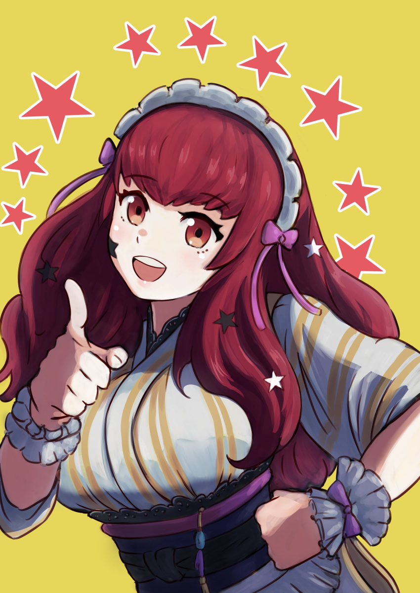 1girl absurdres alternate_costume bow cianter facial_mark fire_emblem fire_emblem_engage hair_ornament hairband highres maid_day open_mouth pink_bow red_eyes red_hair solo star_(symbol) star_facial_mark star_hair_ornament teeth upper_teeth_only yunaka_(fire_emblem)