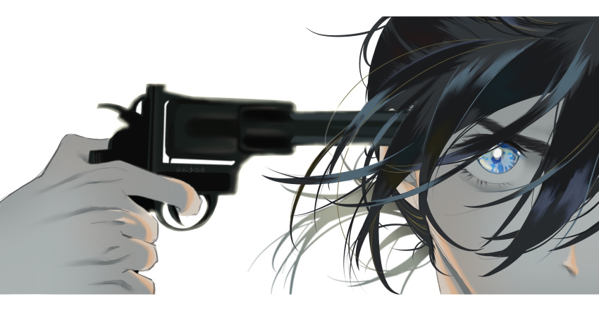 1boy absurdres ajiro_shinpei black_hair blue_eyes close-up commentary finger_on_trigger floating_hair gun gun_to_head handgun highres holding holding_gun holding_weapon hui_shihou_su male_focus short_hair simple_background solo suicide summertime_render weapon white_background