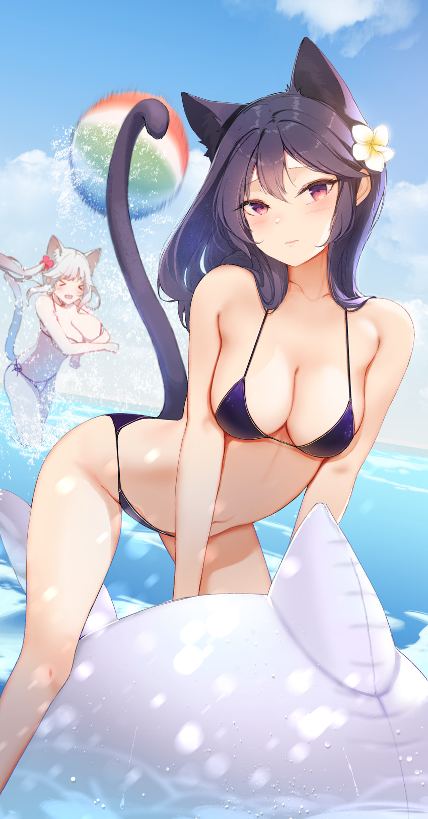 &gt;_&lt; 2girls :d absurdres animal_ears arched_back ball bare_arms bare_shoulders beachball bikini black_bikini black_hair breasts cat_ears cat_girl cat_tail cleavage closed_mouth collarbone extra_ears floating_hair flower futoshi_ame hair_flower hair_ornament halter_top halterneck highres inflatable_dolphin inflatable_toy large_breasts long_hair looking_at_viewer medium_breasts motion_blur multiple_girls navel original purple_eyes side-tie_bikini smile stomach strap_gap string_bikini swimsuit tail tail_raised thighs twintails wading water white_hair xd